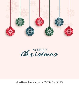 Elegante fondo de Navidades con adornos colgantes en rojo, verde y azul con diseños de copos de nieve, fondo pastel suave y tipografía de "Navidades alegres". Perfecto para tarjetas de felicitación, invitaciones