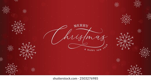 Elegant Christmas background with festive typography "Merry Christmas - Happy New Year" on a deep red backdrop, accented by white snowflakes, perfect for holiday cards, greetings, and digital designs.