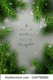 Elegant Christmas background, frame, with fir tree cuttings, snowflakes and hand lettering. Vector Illustration.