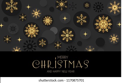 Elegant Christmas Background with Gold Shining Snowflakes. Vector illustration