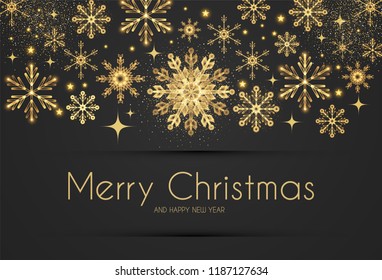 Elegant Christmas Background with Gold Shining Snowflakes. Vector illustration