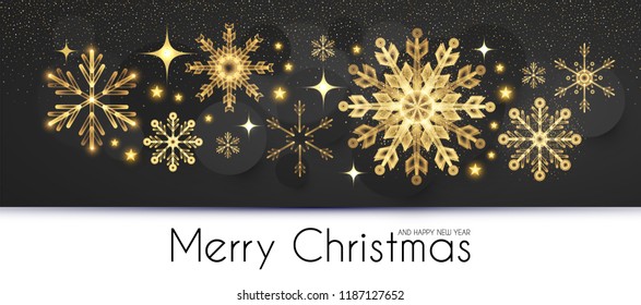 Elegant Christmas Background with Gold Shining Snowflakes. Vector illustration