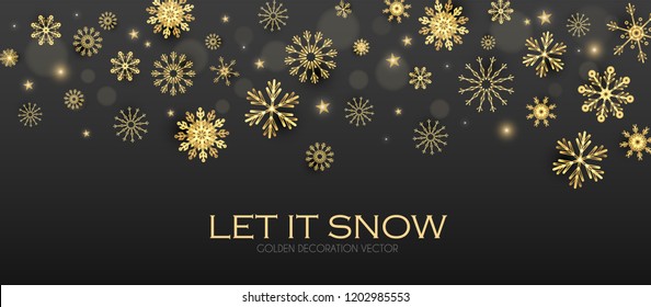 Elegant Christmas Background with Gold Shining Snowflakes. Vector illustration