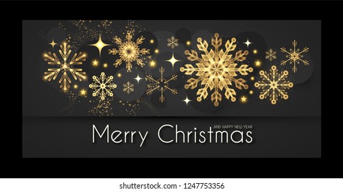 Elegant Christmas Background with Gold Shining Snowflakes. Vector illustration