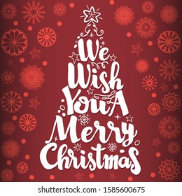 Elegant Christmas background with gold snowflakes, with text “ We wish you a merry Christmas” on red background- Vector Illustration