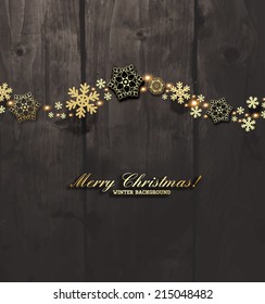 Elegant Christmas Background with Gold Snowflakes. Wood Texture Background.