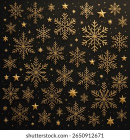 Elegant Christmas background with gold snowflakes and stars pattern on a dark backdrop, perfect for festive designs and seasonal celebrations.