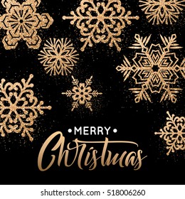 Elegant Christmas background with gold snowflakes for greeting card, holiday design. Vector illustration eps 10 format.