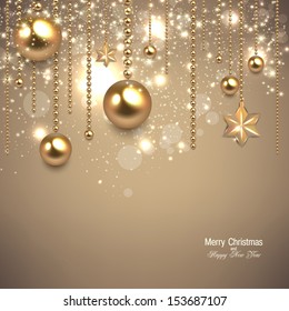 Elegant christmas background with golden baubles and stars. Vector illustration