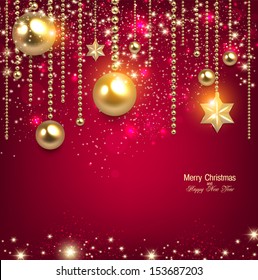 Elegant christmas background with golden baubles and stars. Vector illustration