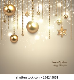 Elegant christmas background with golden baubles and stars. Vector illustration