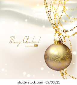 elegant  Christmas background with one evening ball and gold garlands