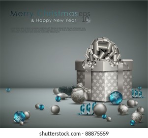 Elegant Christmas Background with ornaments and gift box. Vector Illustration.