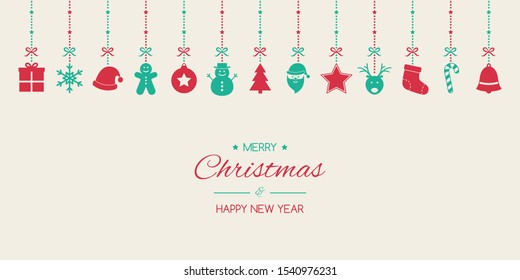 Elegant Christmas background with ornaments and greetings. Xmas decoration. Vector