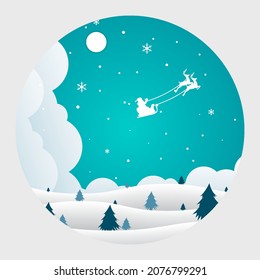 Elegant christmas background with paper style and christmas tree snowflakes and moon