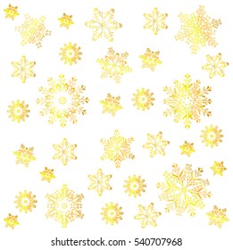 Elegant christmas background, pattern with many golden snowflakes icons, situated on white backdrop