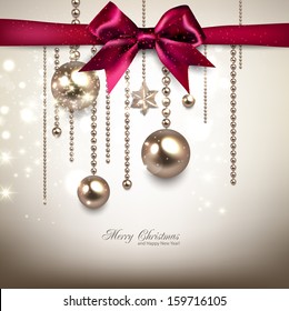 Elegant Christmas background with red bow and golden garland. Vector illustration