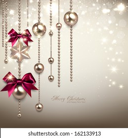Elegant Christmas background with red ribbons and golden garland. Vector illustration