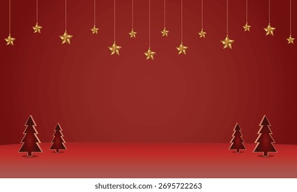 Elegante fondo de Navidad con árboles rojos y estrellas doradas para la celebración festiva de la temporada navideña