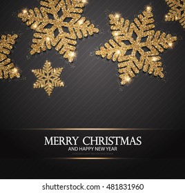 Elegant Christmas Background with Shining Gold Snowflakes. Vector illustration