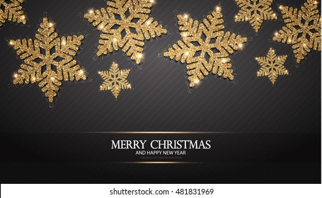 Elegant Christmas Background with Shining Gold Snowflakes. Vector illustration