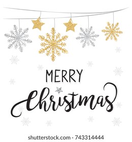 Elegant Christmas background with shining gold glittering snowflakes background