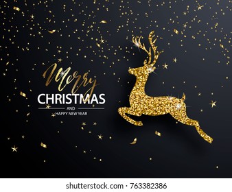 Elegant Christmas Background With Shining Gold Deer. Vector Illustration