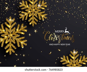 Elegant Christmas Background with Shining Gold Snowflakes. Vector illustration.