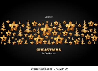 Elegant Christmas Background with Shining Gold Stars and trees. Great for New year cards, banners, headers, party posters.