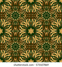 Elegant Christmas Background with Shining Golden Elements. Golden seamless pattern on a green background. Vector sketch.