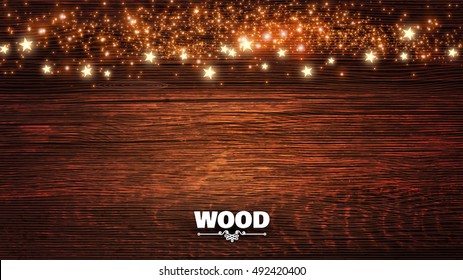 Elegant Christmas Background with Shining Lights and Wood Texture. Vector illustration