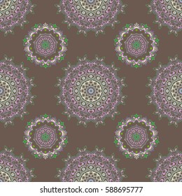 Elegant Christmas Background with Shining Multicolored Elements. Multicolored seamless pattern on a brown background. Vector illustration.