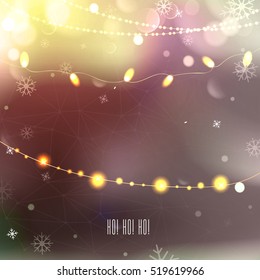 Elegant Christmas background with snowflakes, bokeh, garland and place for text. evening lights pattern. Vector Illustration