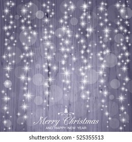 Elegant Christmas background with sparks on grey wooden background. Vector Illustration