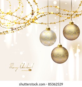 elegant  Christmas background with three evening balls and gold garlands