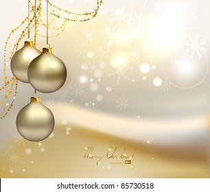 elegant  Christmas background with three evening balls and gold garlands