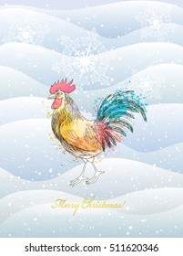 Elegant Christmas background with watercolor cock. Vector design