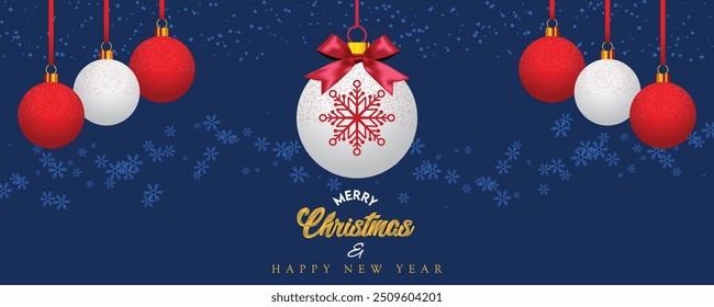 Elegant christmas ball ornament design. Festive background inspiration with snowflake. Christmas bauble banner with red ribbon and bow.