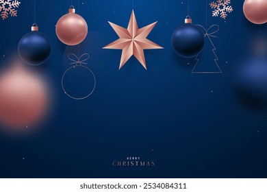 Elegant Christmas banner with rose gold ornaments. Web banner.