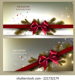 Elegant Christmas banner set. Golden backgrounds with red ribbons. Vector