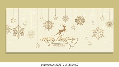 Um elegante modelo de banner de Natal com silhuetas de rena dinâmicas em movimento, complementado por delicadamente pendurar decorações floco de neve.