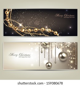 Elegant christmas banners with golden baubles and stars. Vector illustration