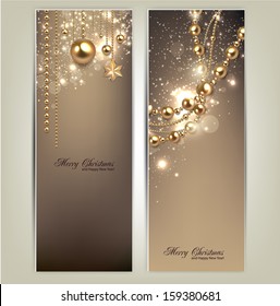 Elegant christmas banners with golden baubles and stars. Vector illustration