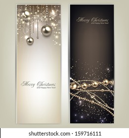 Elegant christmas banners with golden baubles and stars. Vector illustration