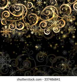 Elegant christmas black background with golden decoration, snowflakes and lights