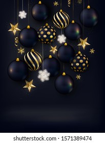 Elegant Christmas black Background .New Year 2020 greeting card with shiny black balls, golden 3d star,snowflakes, lights, confetti.Vector illustration.
