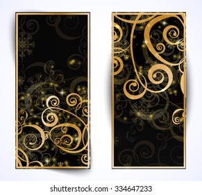 Elegant christmas black and gold banner with snowflakes and lights