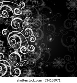 Elegant christmas black and white  background with snowflakes and lights