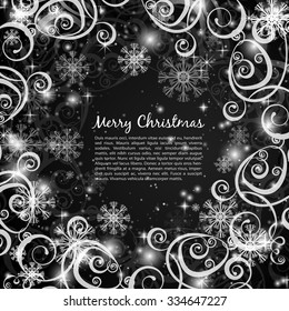Elegant christmas black and white  background with snowflakes and lights
