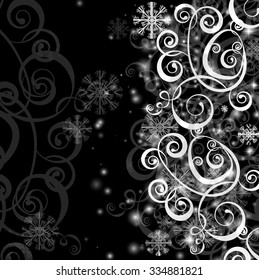 Elegant christmas black and white  background with snowflakes and lights